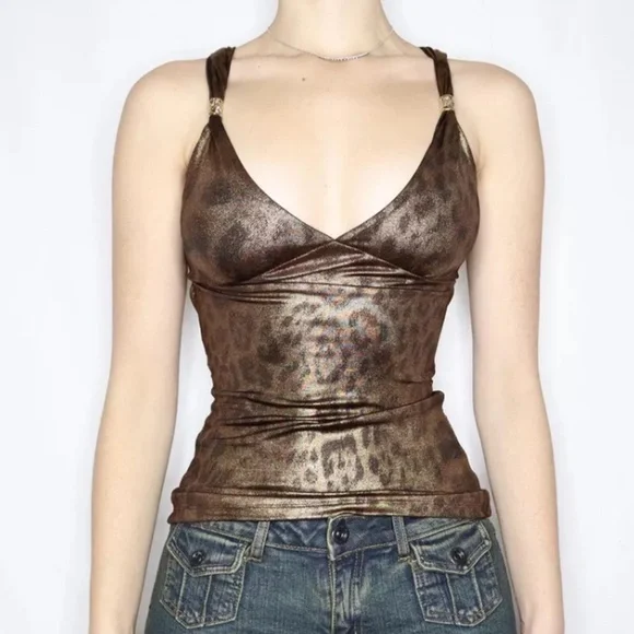 Vintage Leopard Print Gold Y2K Aesthetic Sleeveless Crop Top Women Sexy Backless - Picture 1 of 9